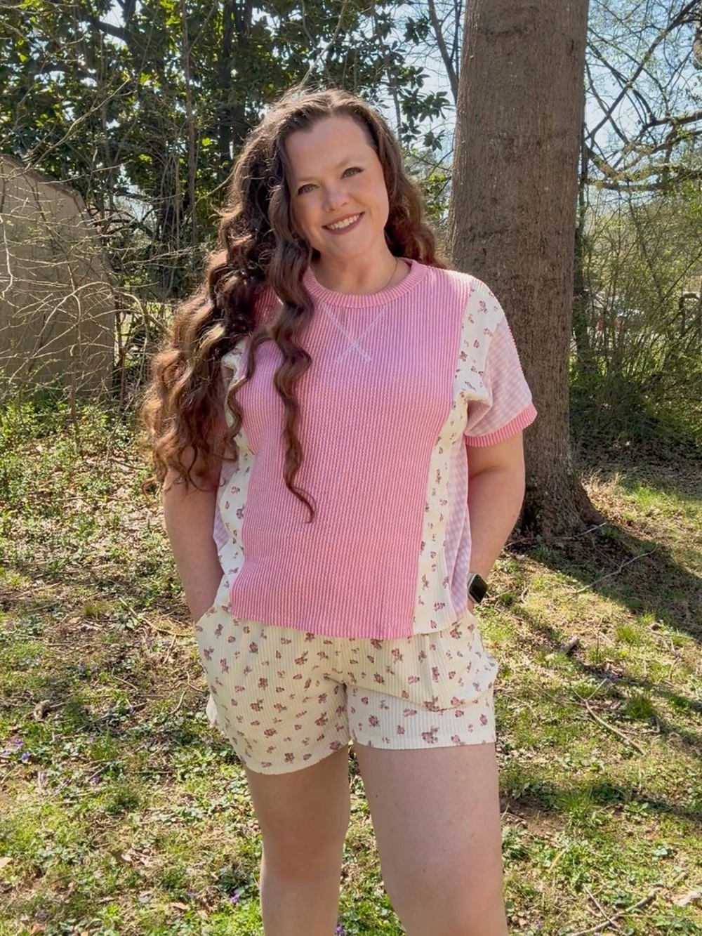 Pink Short-Sleeve Patchwork Tee with Floral Side Panels